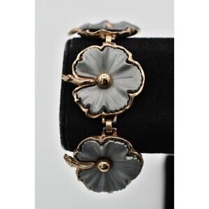 Vintage 7.5" Flower Bracelet Linked Chain Matte Gray Chunky Gold Tone 1960s BinO